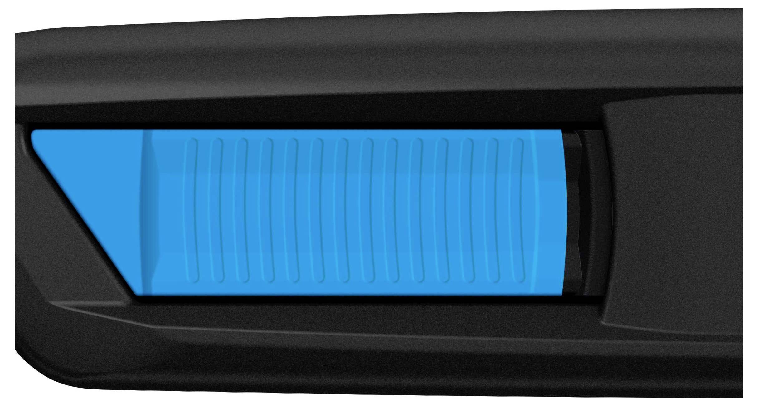 Ein blauer Aktuator oder Schalter an einem schwarzen Gerät, möglicherweise ein Teil eines Werkzeugs oder elektronischen Geräts.