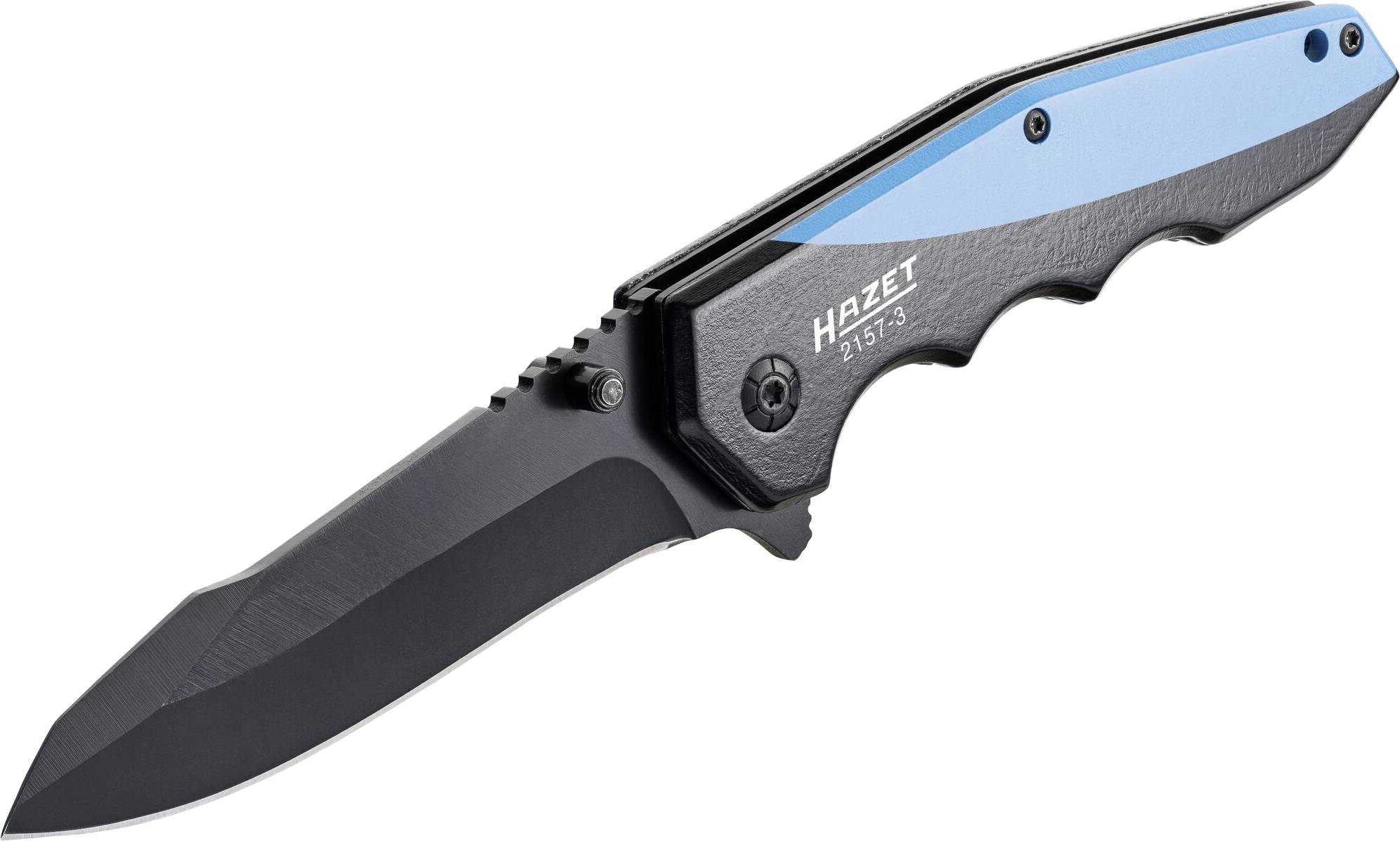 Klappmesser mit schwarzer Klinge und blau-schwarzem Griff, mit 'Hazet' und Modellnummer bedruckt, geeignet für Outdoor-Aktivitäten.