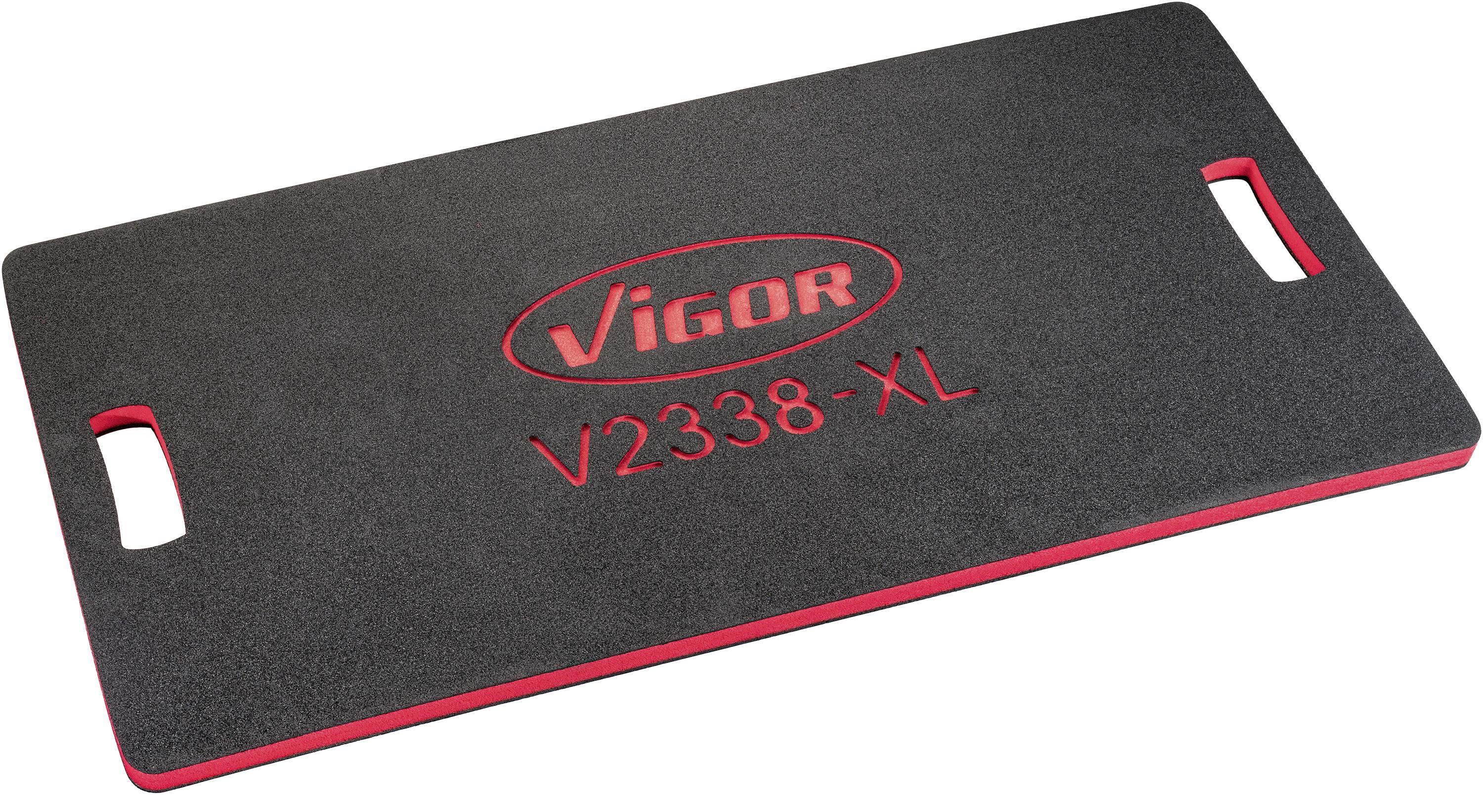 Schwarze Matte mit rotem Rand, trägt die Aufschrift 'Vigor V2338-XL', zwei Grifföffnungen an den Seiten, dient als Knieunterlage.