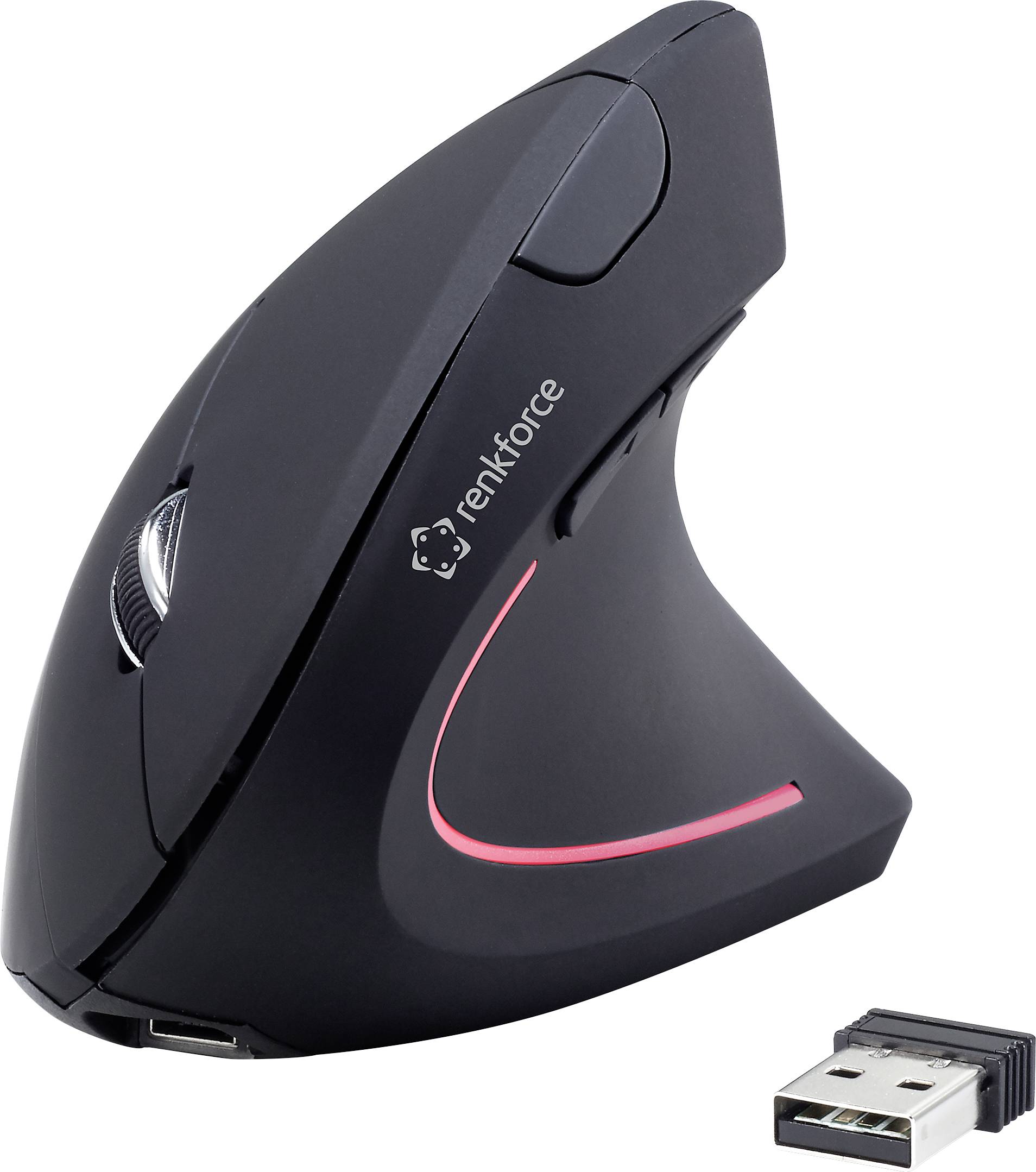 Vertikale ergonomische Maus in Schwarz mit USB-Empfänger, geeignet für komfortables Arbeiten am Computer.