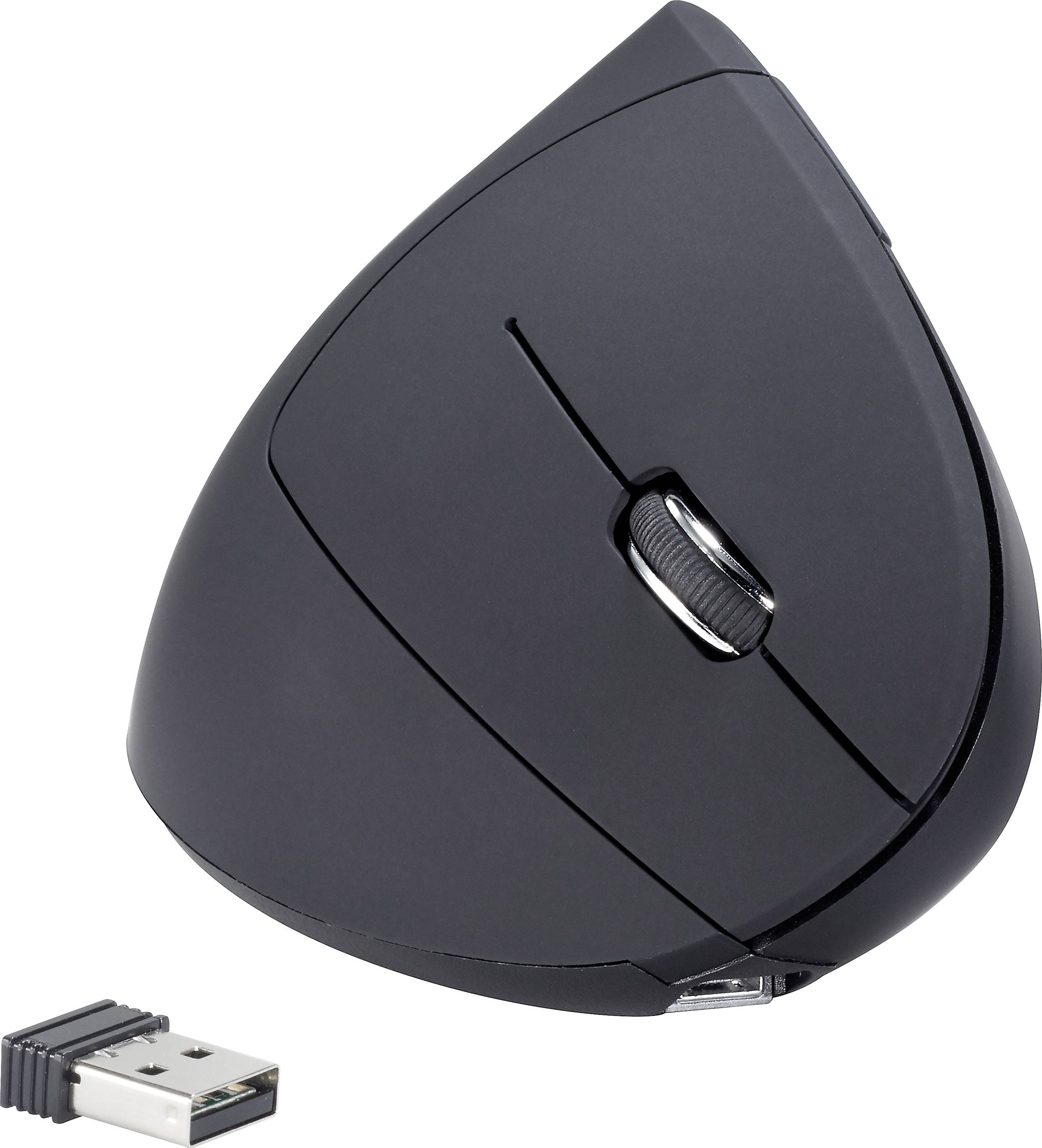 Schwarze ergonomische Vertikalmaus mit USB-Empfänger. Designed für komfortable Handhaltung zur Reduzierung von Handgelenkbelastung.