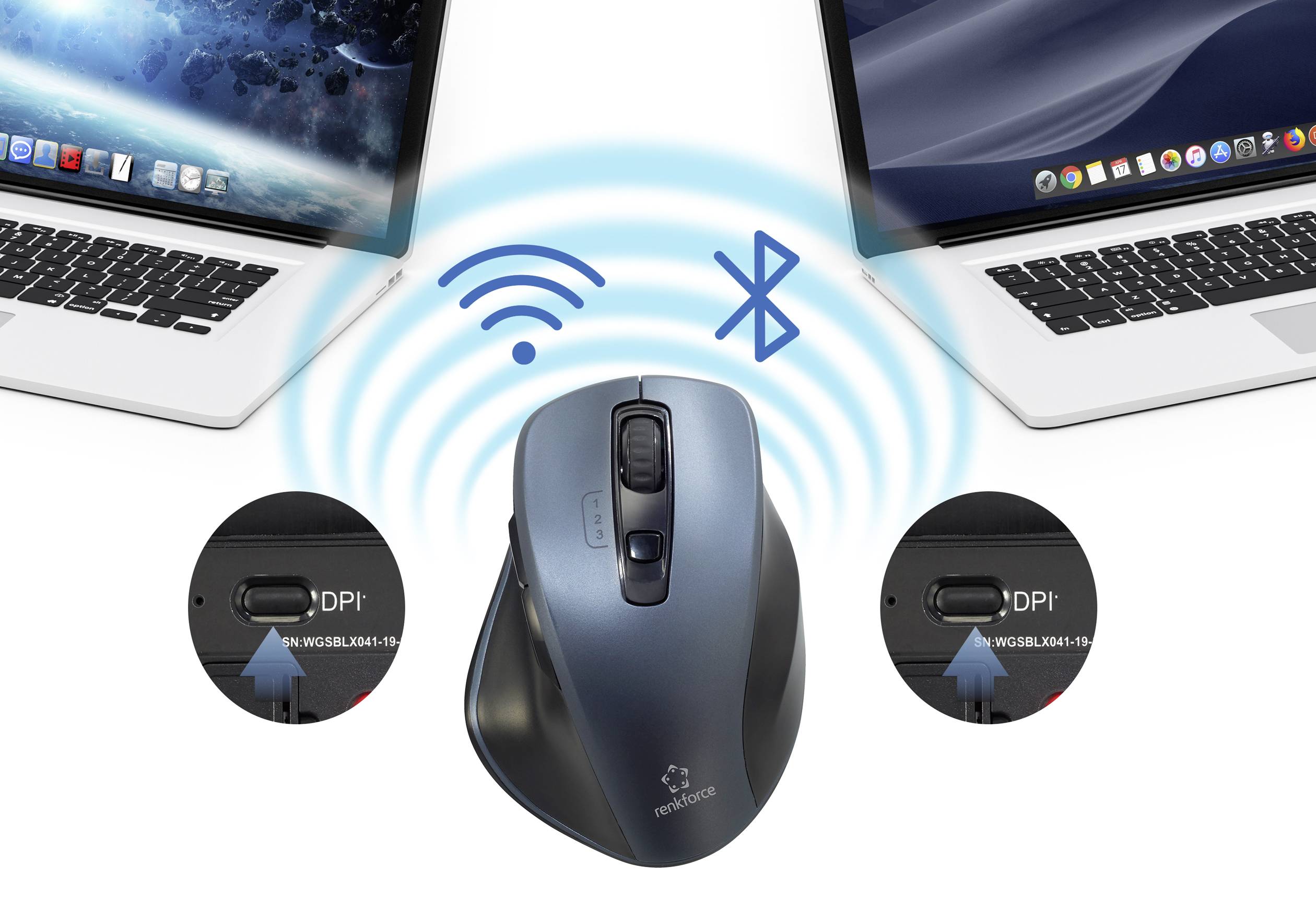 Renkforce Ergonomische Maus Bluetooth®, Funk Optisch Grau 7 Tasten 1600 dpi Ergonomisch