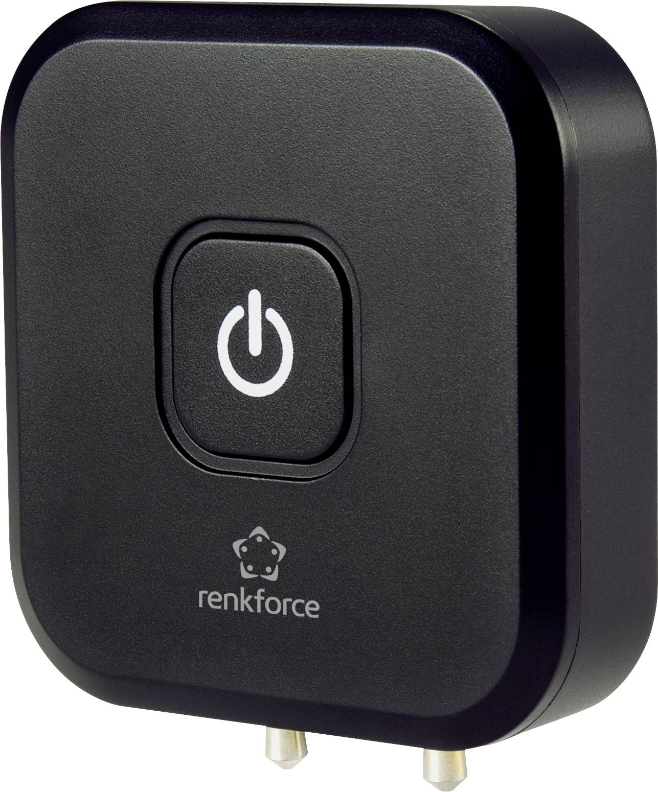 Schwarzer Renkforce WLAN-Repeater mit Netztaste auf der Vorderseite, dient zur Erweiterung der WLAN-Reichweite in Innenräumen.