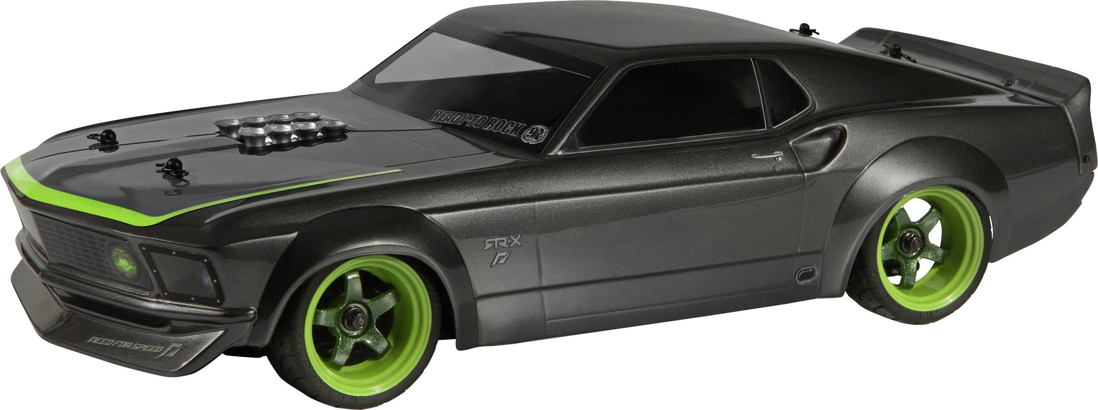 Ein schwarzes Modellauto mit grünen Felgen und grünen Streifen auf der Motorhaube. Es wirkt sportlich und aerodynamisch.