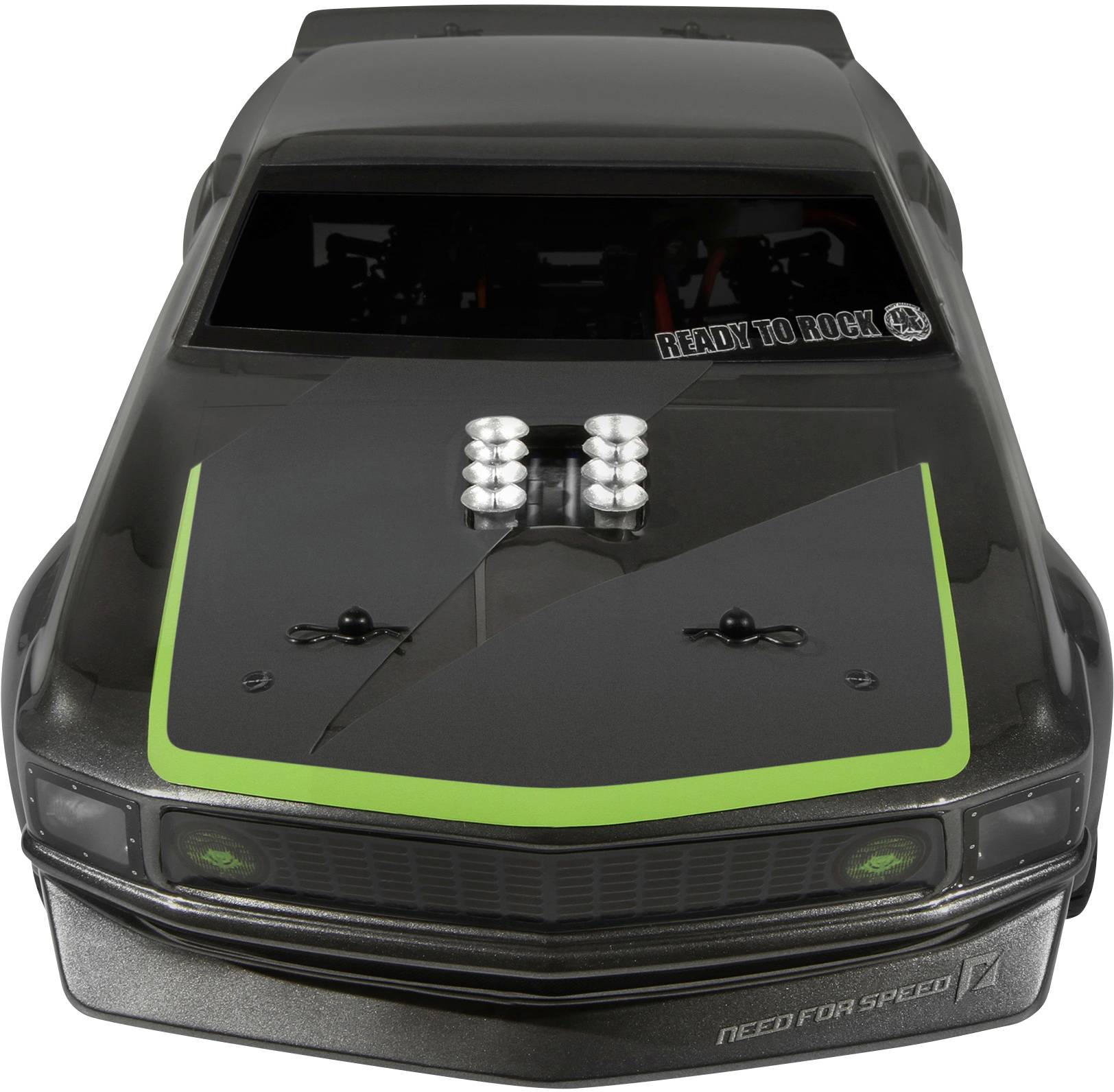 Ein schwarzes Spielzeugauto mit grünem Streifen auf der Motorhaube, Lufteinlässen und der Aufschrift 'READY TO ROCK' auf der Windschutzscheibe.