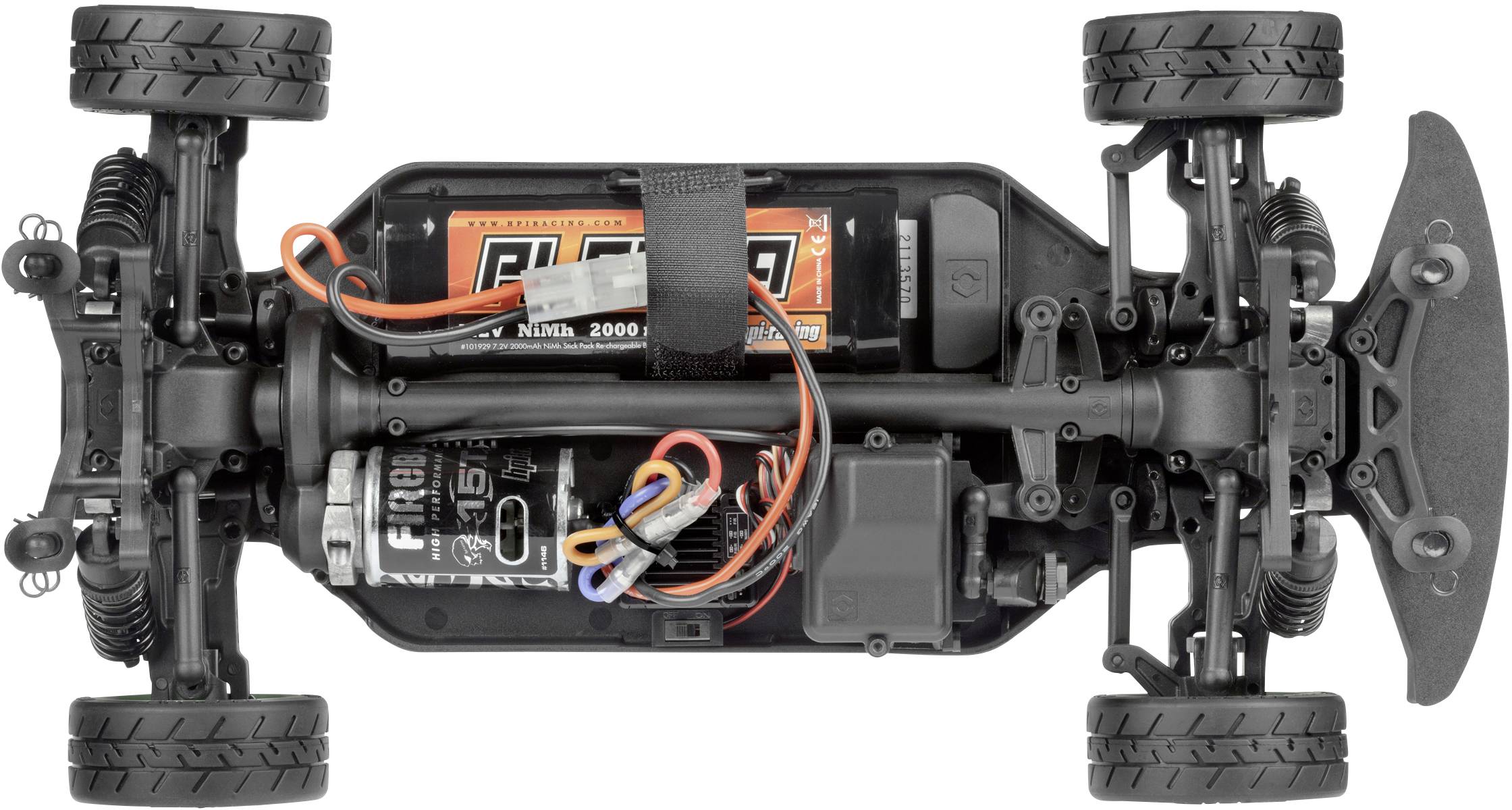 Ansicht eines ferngesteuerten Autochassis von oben, mit sichtbaren Batterien, Motor und verkabelten Komponenten.
