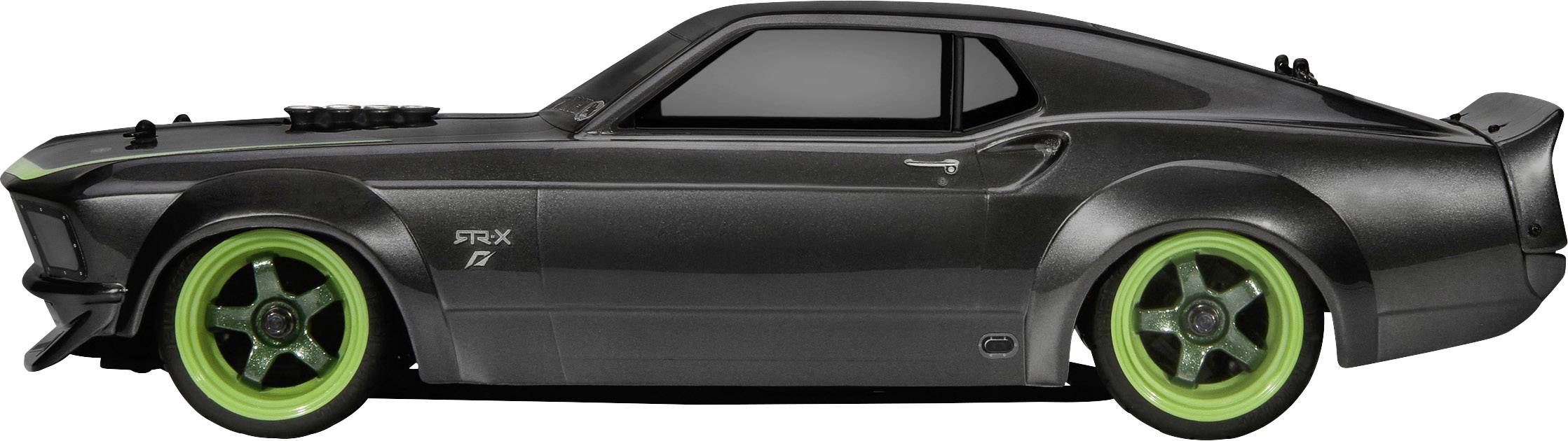 Ein schwarzes Modellauto mit grünen Felgen, im Profil betrachtet. Sportliches Design mit einem markanten Spoiler am Heck.