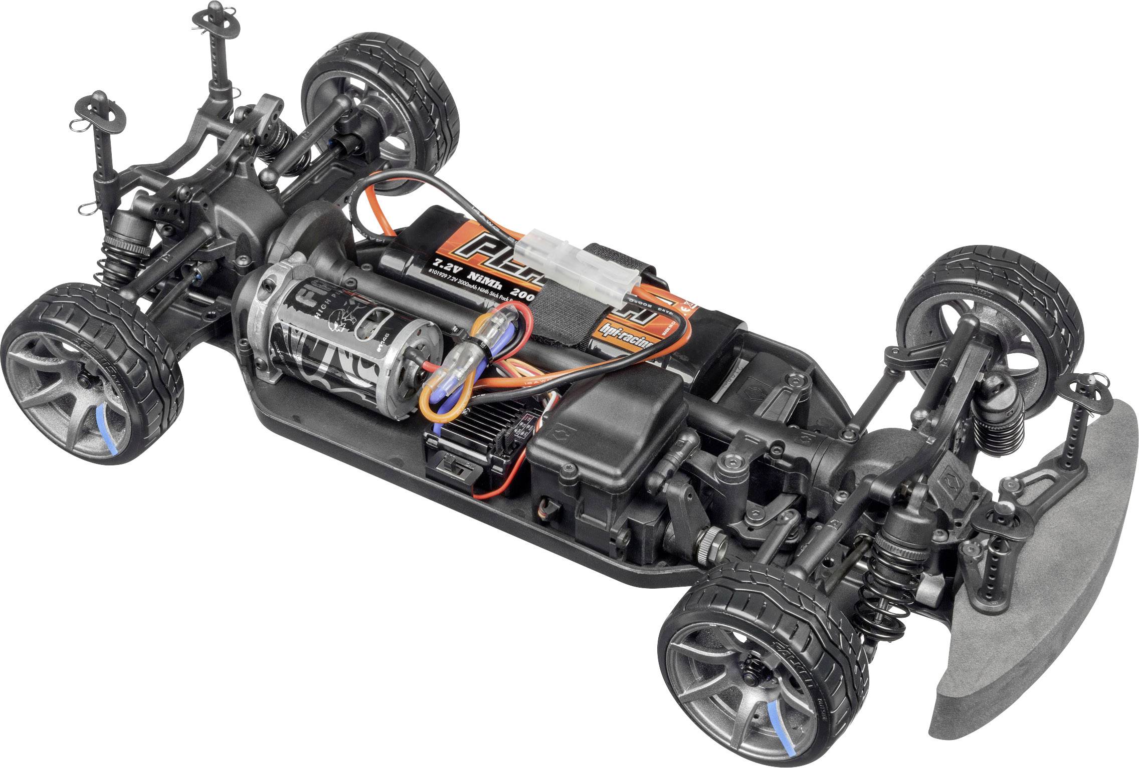 Ferngesteuertes Auto-Chassis mit Motor, Aufhängung und Verkabelung sichtbar.