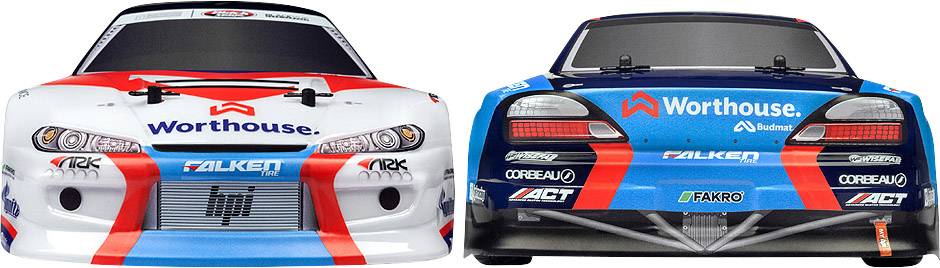 Zwei Rennwagen in weiß mit blauen und roten Akzenten sowie 'Worthouse'-Logo, Vorder- und Rückansicht.