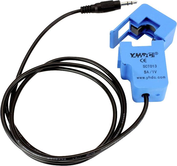 Ein blauer Stromwandler mit Kabel und Klinkenstecker. Modell: SCT013, zur Messung von Stromstärken bis 5A.