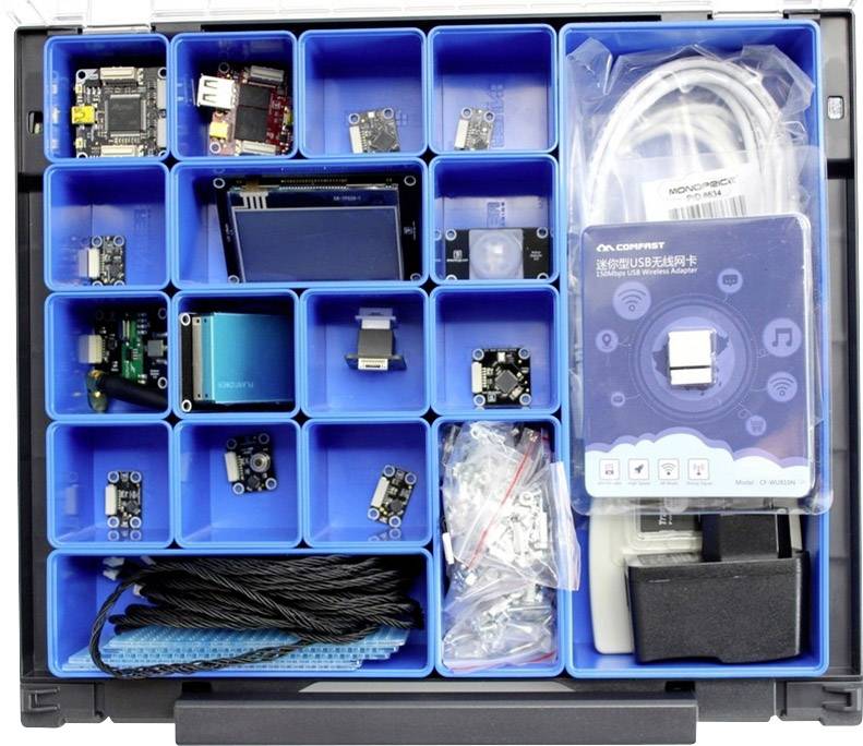 Elektronik-Baukästen mit verschiedenen Modulen und Komponenten in einem Organisator. Enthält Sensoren, Kabel und LED-Anzeigen.