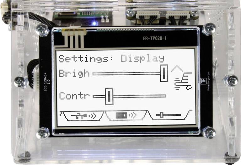 Ein Display zeigt die Optionen 'Settings: Display' mit Schiebereglern für 'Bright' und 'Contr'. Oberhalb befinden sich elektronische Komponenten.