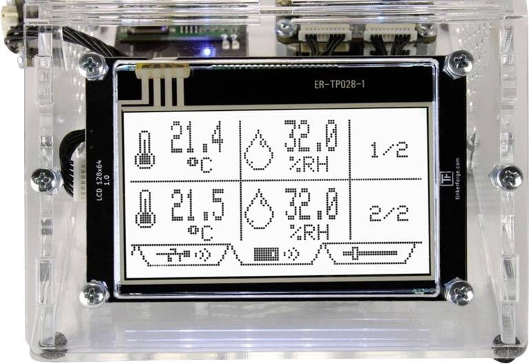 Display zeigt Temperatur und Luftfeuchtigkeit von 21,4°C und 32,0% RH für zwei Sensoren mit identischen Werten auf einem Bildschirm.