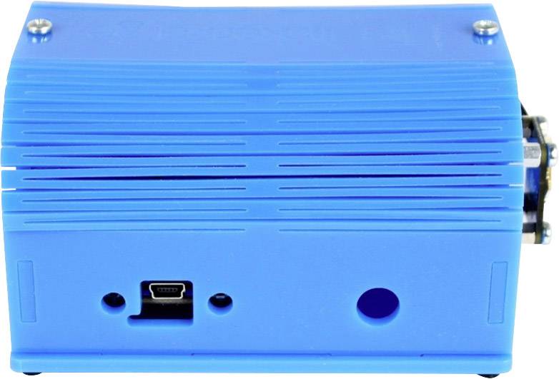 Blaues elektronisches Gerät mit Lüftungsschlitzen und USB-Anschluss, vermutlich für technische oder computergestützte Anwendungen.