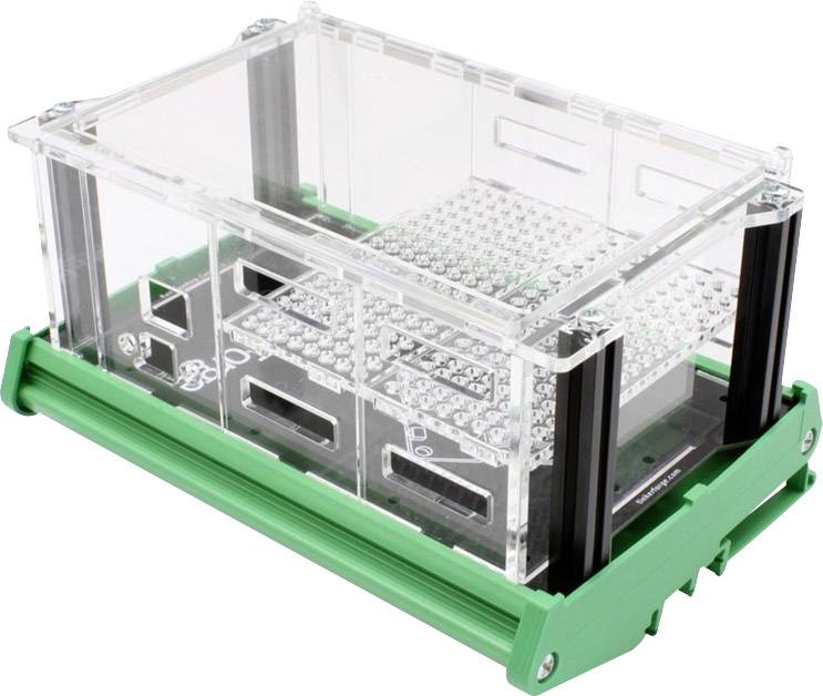 Eine durchsichtige, rechteckige Kunststoffbox auf einem grünen Gestell. Sie hat belüftete Seiten, geeignet für die Lagerung oder Versuche.