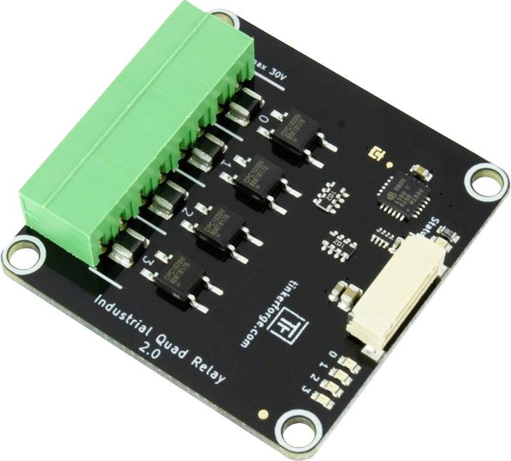 Industrielles Quad-Relais-Modul mit grünem Terminalblock und mehreren schwarzen Chips auf einer rechteckigen Platine.