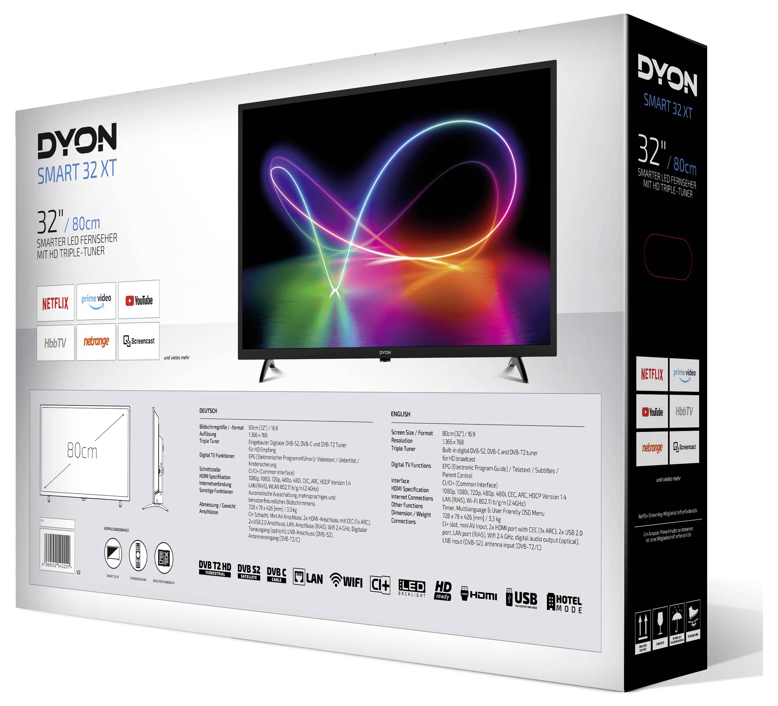 Dyon DYON Smart 32 XT LED-TV 80 cm 31.5 Zoll EEK E (A - G) DVB-T2, DVB-C, DVB-S, HD ready, Smart TV, WLAN, CI+ Schwarz