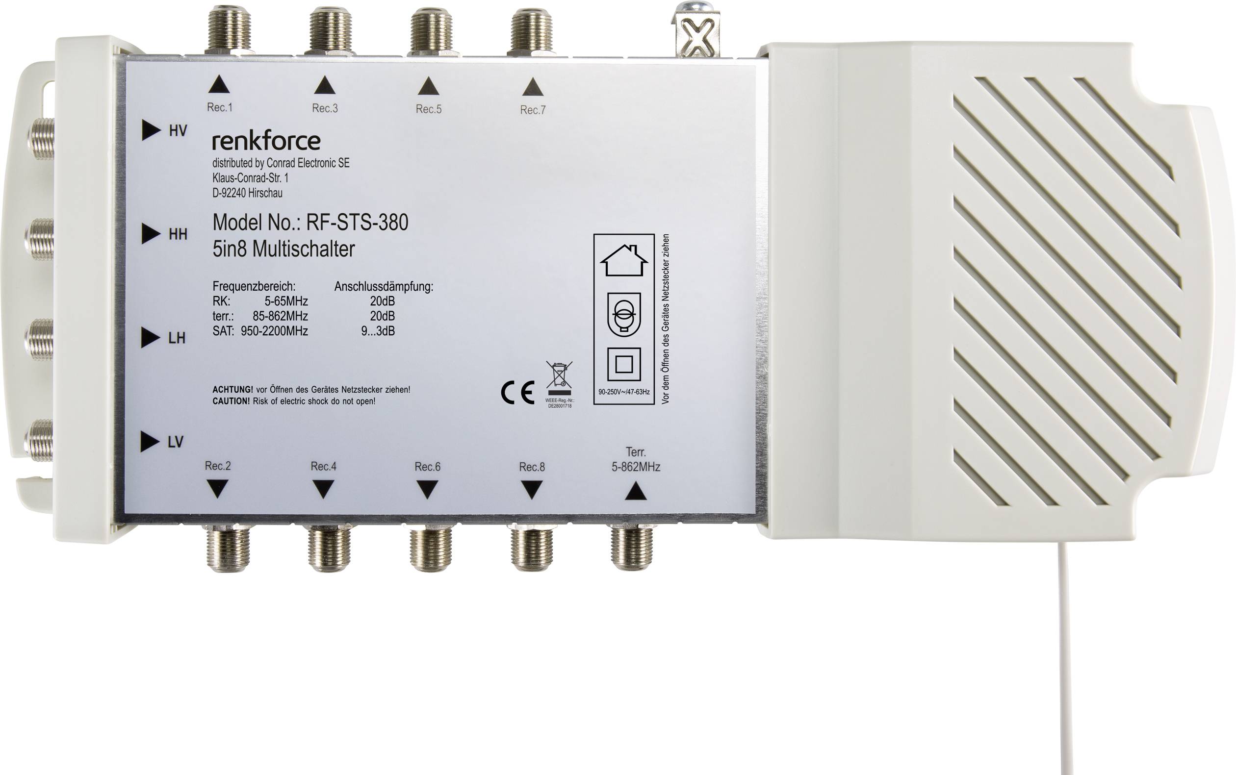 Renkforce RF-STS-380 SAT Multischalter Eingänge (Multischalter): 5 (4 SAT/1 terrestrisch) Teilnehmer-Anzahl: 8 Quad-LNB-tauglich