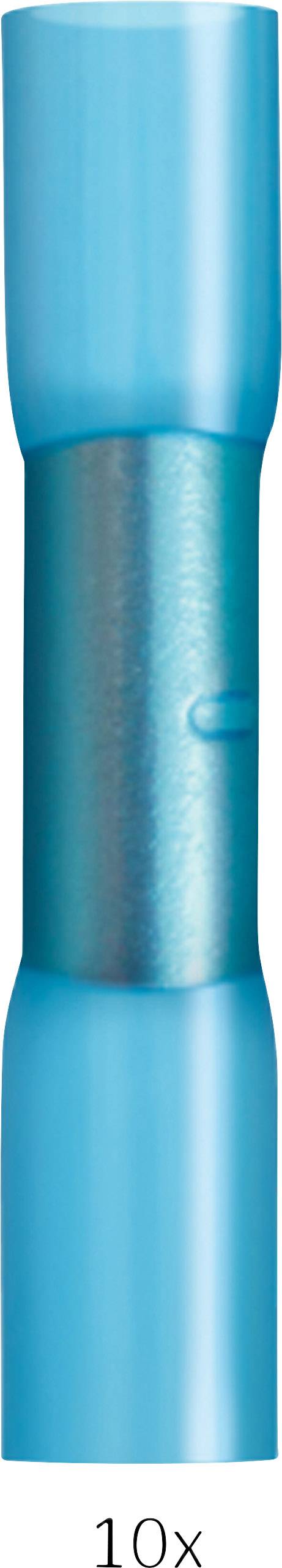 Ein blauer Kabelverbinder in Röhrenform, vergrößert dargestellt, dient der sicheren Verbindung von elektrischen Kabeln.