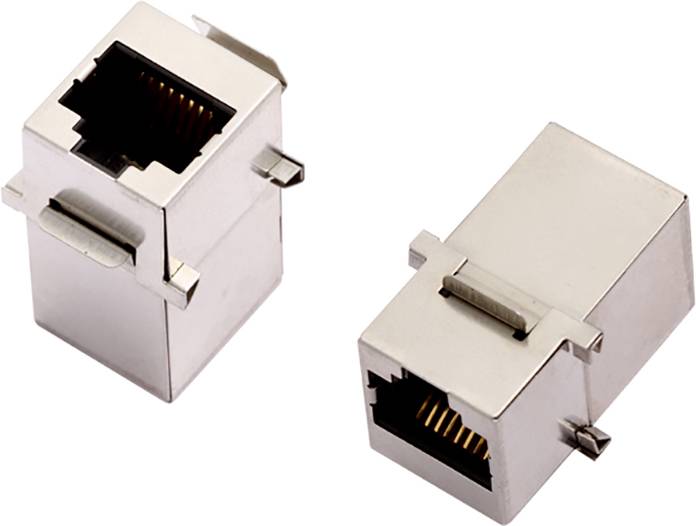 Zwei metallene RJ45-Netzwerkkabelkupplungen, geeignet zum Verbinden von Ethernet-Kabeln für Netzwerkinstallationen.