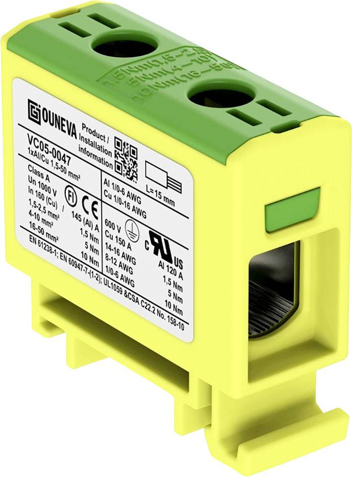 Gelb-grüner elektrischer Steckverbinder von G. Ouneva, Modell VC05-0037, geeignet für Aluminium- und Kupferkabel, mit Spezifikationen auf Etikett.