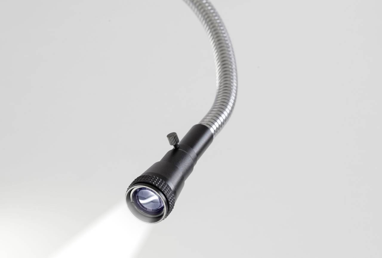 Eine flexible Leselampe mit gebogenem Schwanenhals und eingeschaltetem Licht auf neutralem Hintergrund.