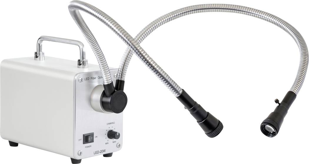 Ein tragbares LED-Beleuchtungsgerät mit zwei flexiblen Schwanenhälsen und Lichtköpfen, geeignet für präzise, fokussierte Ausleuchtung.