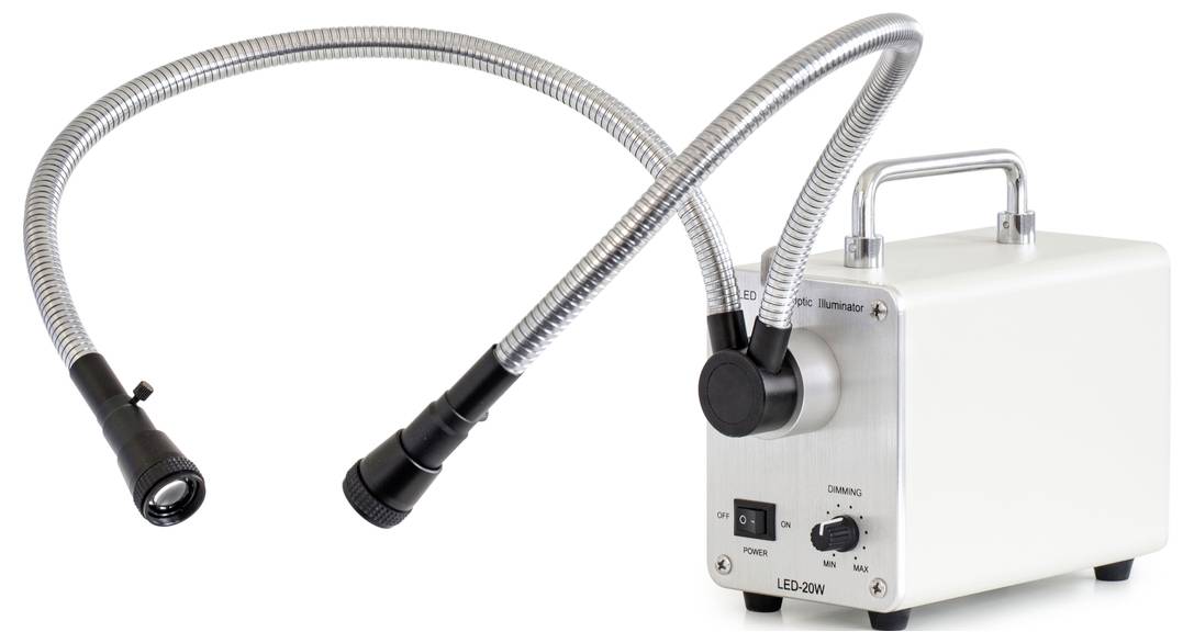 Flexibles LED-Lichtgerät mit zwei Schwanenhals-Lampenarmen, ideal für präzise Beleuchtung in medizinischen oder industriellen Anwendungen.