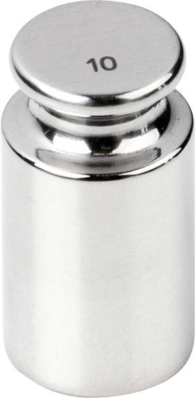 Ein glänzendes, zylindrisches Metallgewicht mit der Prägung '10' oben, zeigt eine Gewichtsklasse von 10 Gramm oder Kilogramm an.