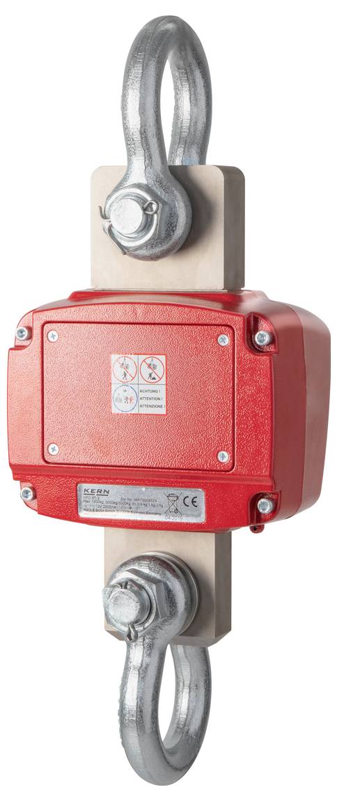 Ein rotes, rechteckiges Metallgerät mit Haken an beiden Enden. Das Gerät enthält Sicherheitsinformationen auf der Vorderseite.