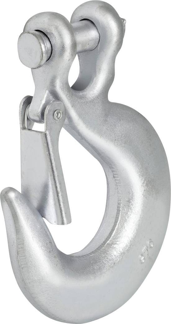 Ein stählerner Sicherungshaken mit Verriegelungsmechanismus, der in industriellen Hebeanwendungen verwendet wird.