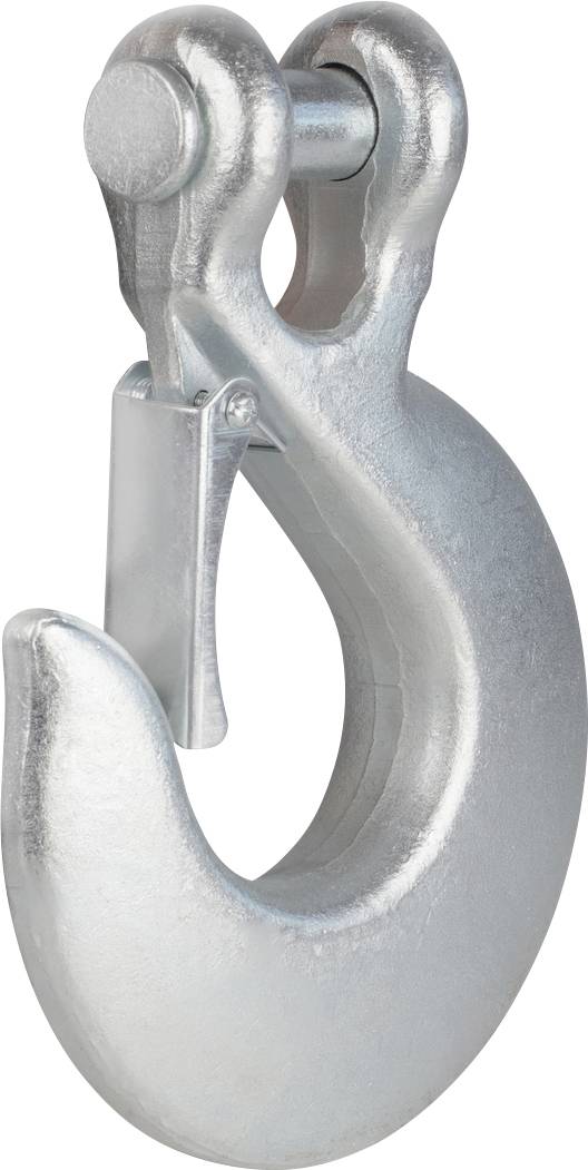Metallischer Haken mit Verschluss, geeignet für Hebevorgänge. Robust und silbern glänzend, erkennbar industrielle Anwendung.