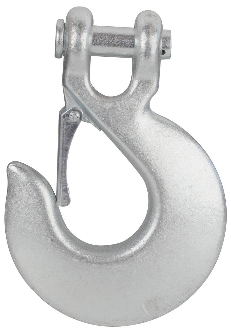 Ein silberner Sicherheitshaken aus Metall mit einer Verschlussmechanik, typischerweise verwendet in Hebebändern oder Ketten.