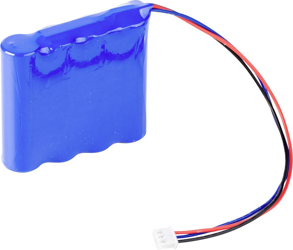 Blaue Lithium-Ionen-Batterie mit vier Zellen, verbunden durch rote und schwarze Kabel mit einem weißen Steckverbinder.