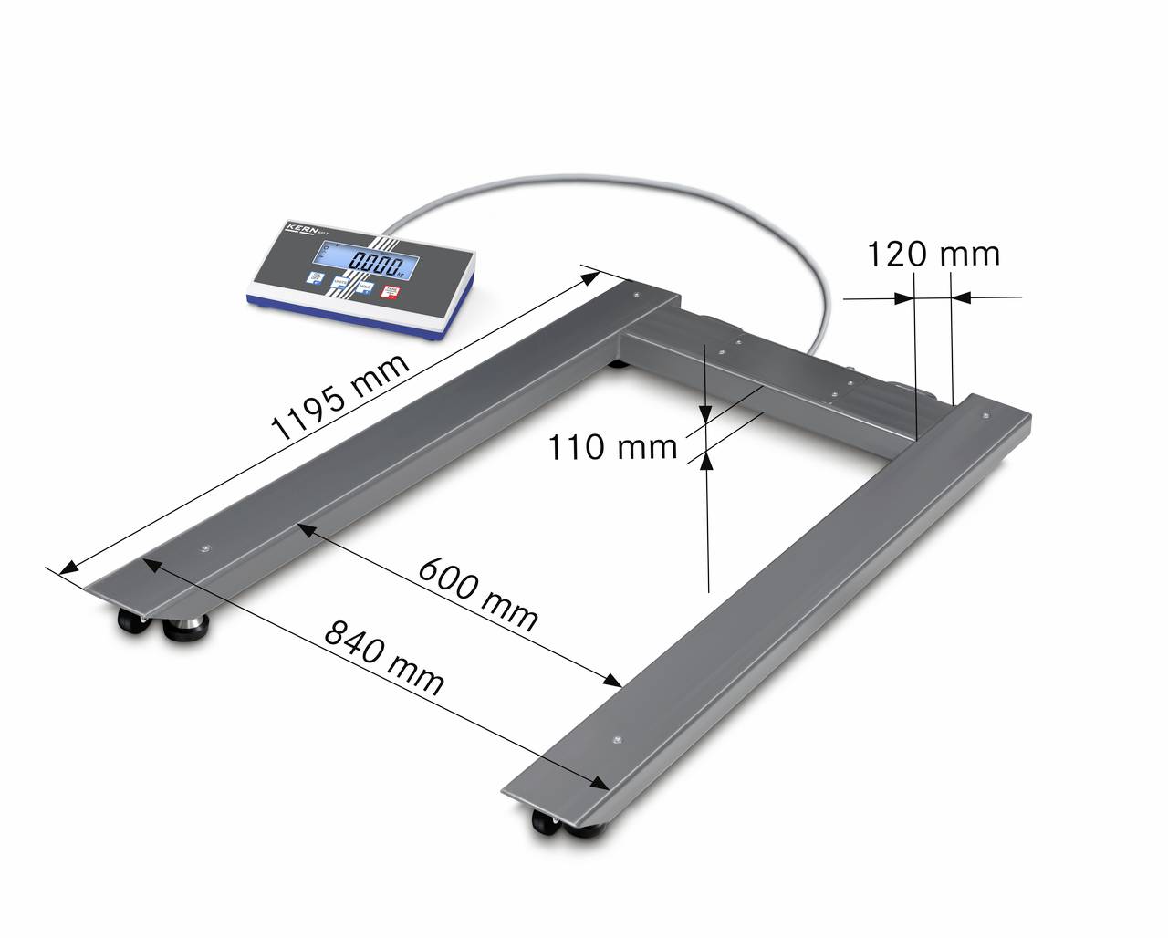 Digitale Plattformwaage mit LCD-Anzeige, Kabelverbindung, Abmessungen: 1195 mm Länge, 840 mm Breite, 120 mm Höhe.