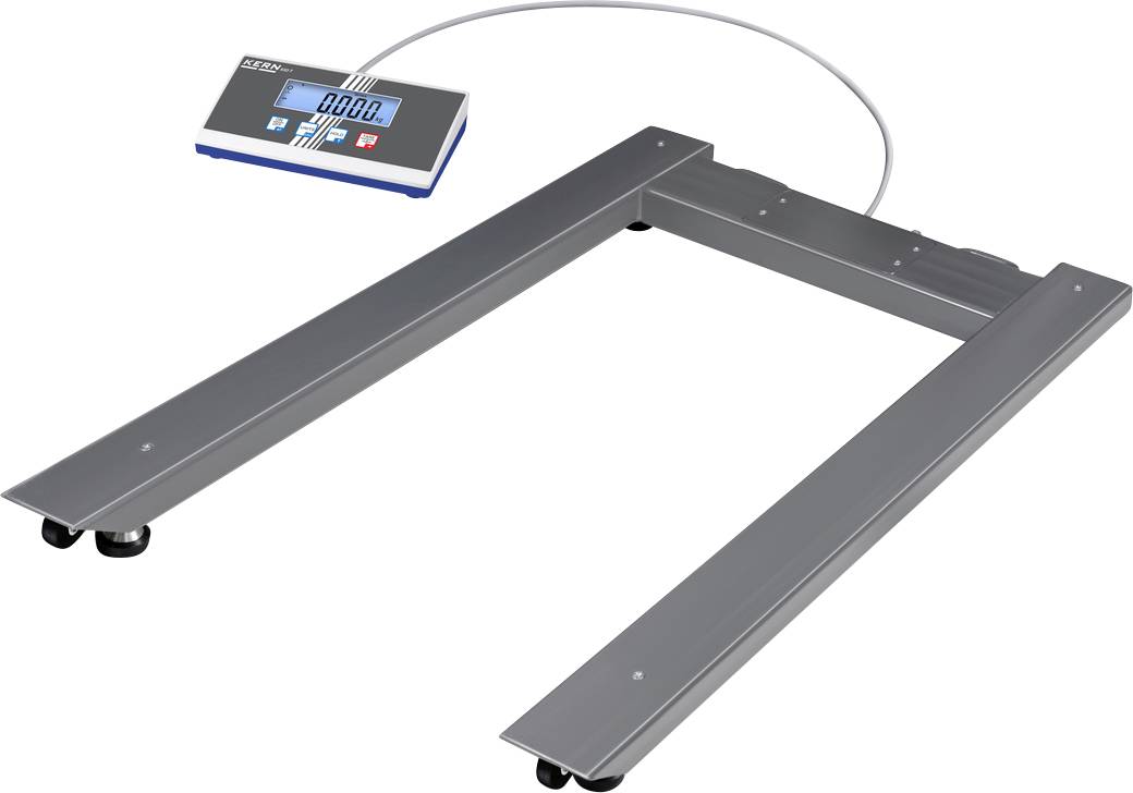 Bodenwaage mit digitaler Anzeige und einem Kabel verbunden. Grau, rechteckig, robust, geeignet zur Messung von schweren Objekten.