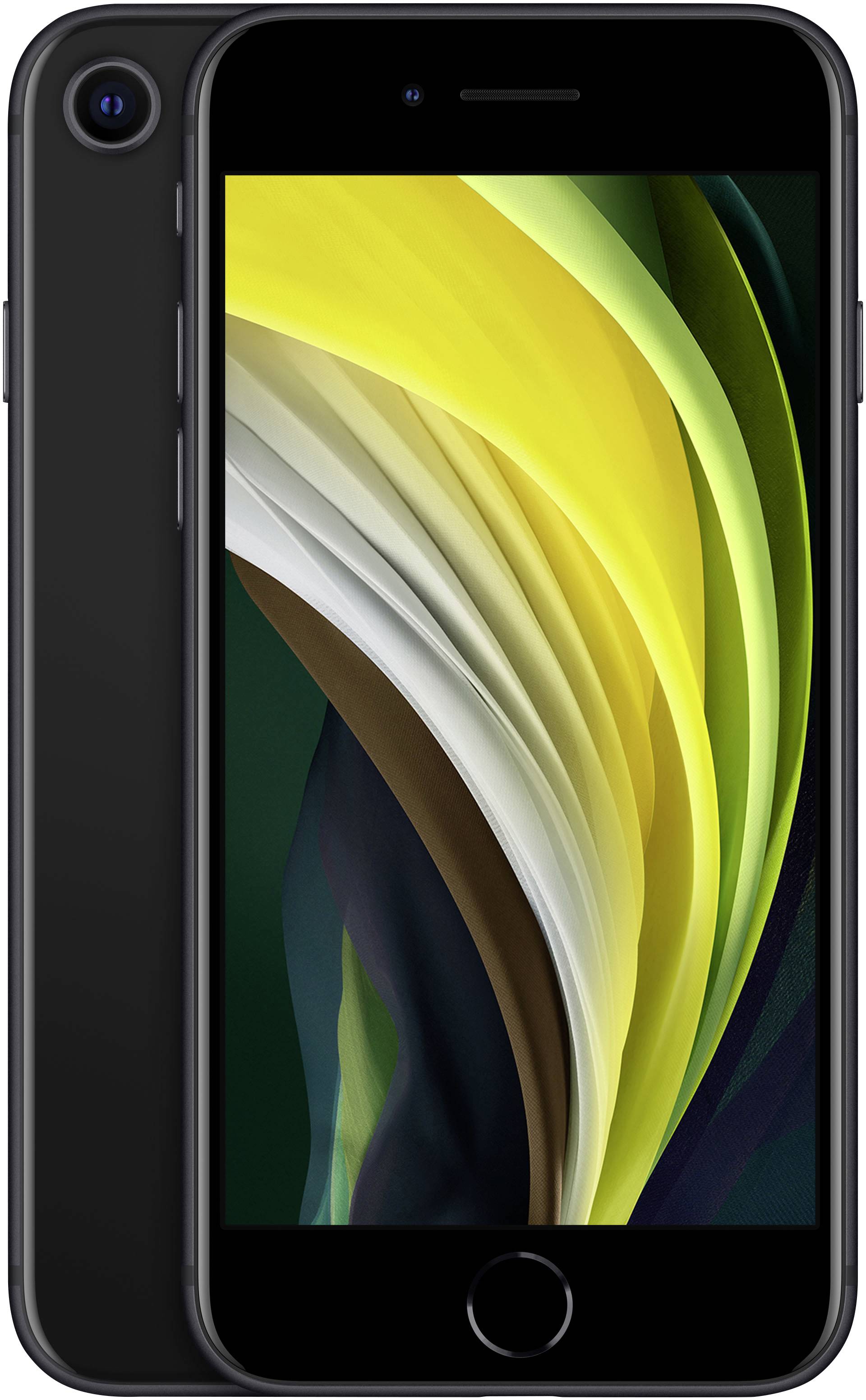 Schwarzes Smartphone von vorne und hinten. Vorderseite zeigt einen Bildschirm mit abstrakten gelben, grünen und weißen Mustern.