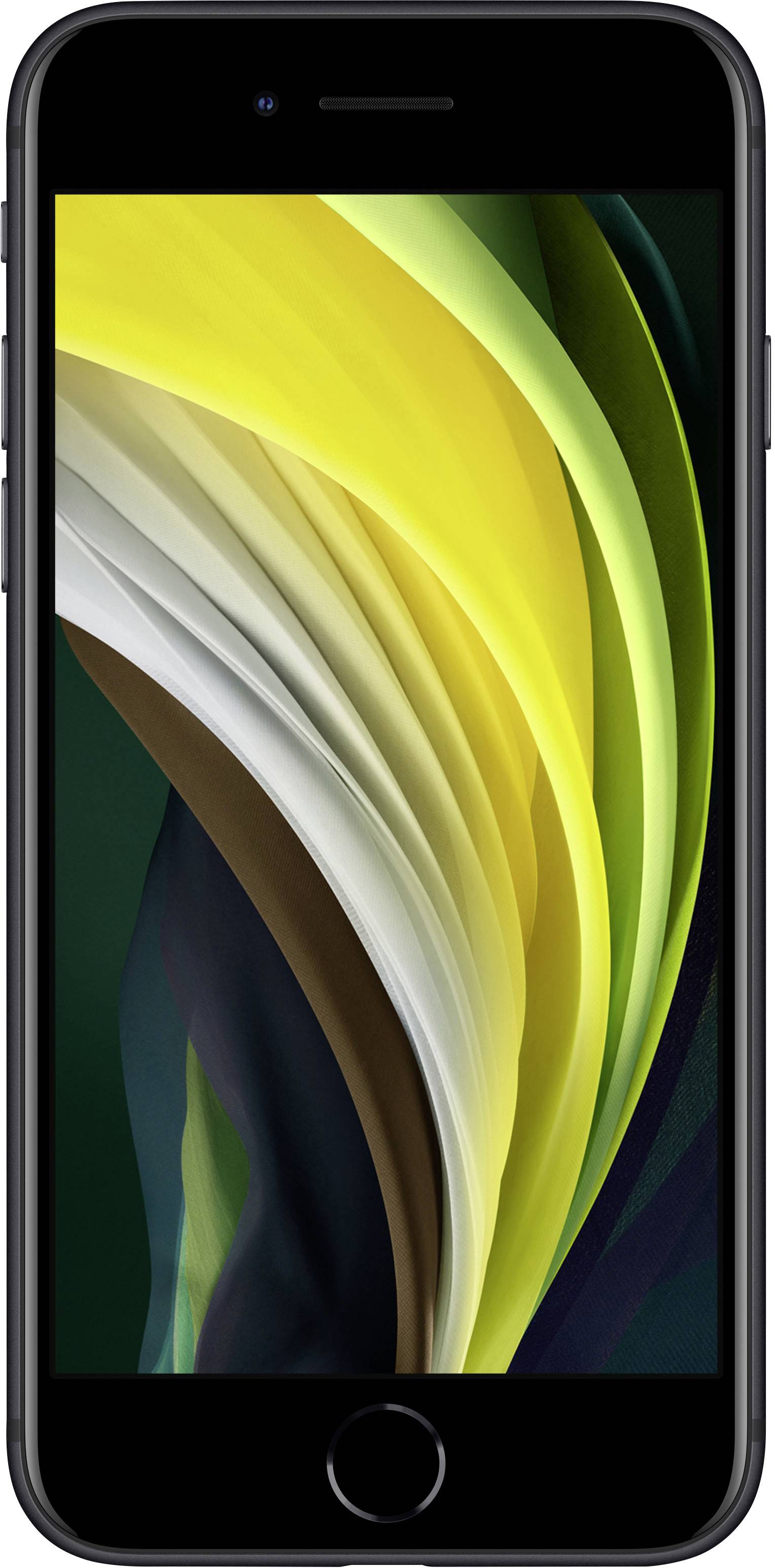 Smartphone mit schwarzem Gehäuse und abgerundeten Ecken. Display zeigt ein abstraktes, wellenförmiges Muster in Gelb- und Grüntönen.