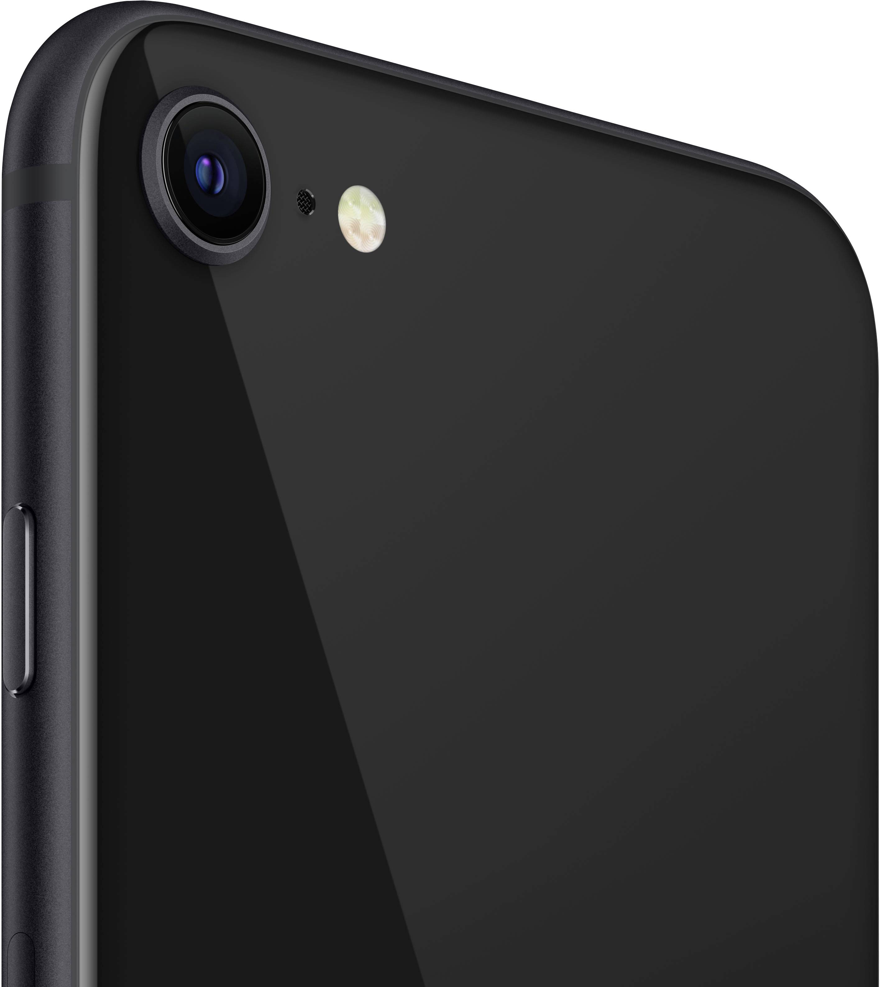 Nahaufnahme der Rückseite eines schwarzen Smartphones mit Kameraobjektiv und Blitzlicht.