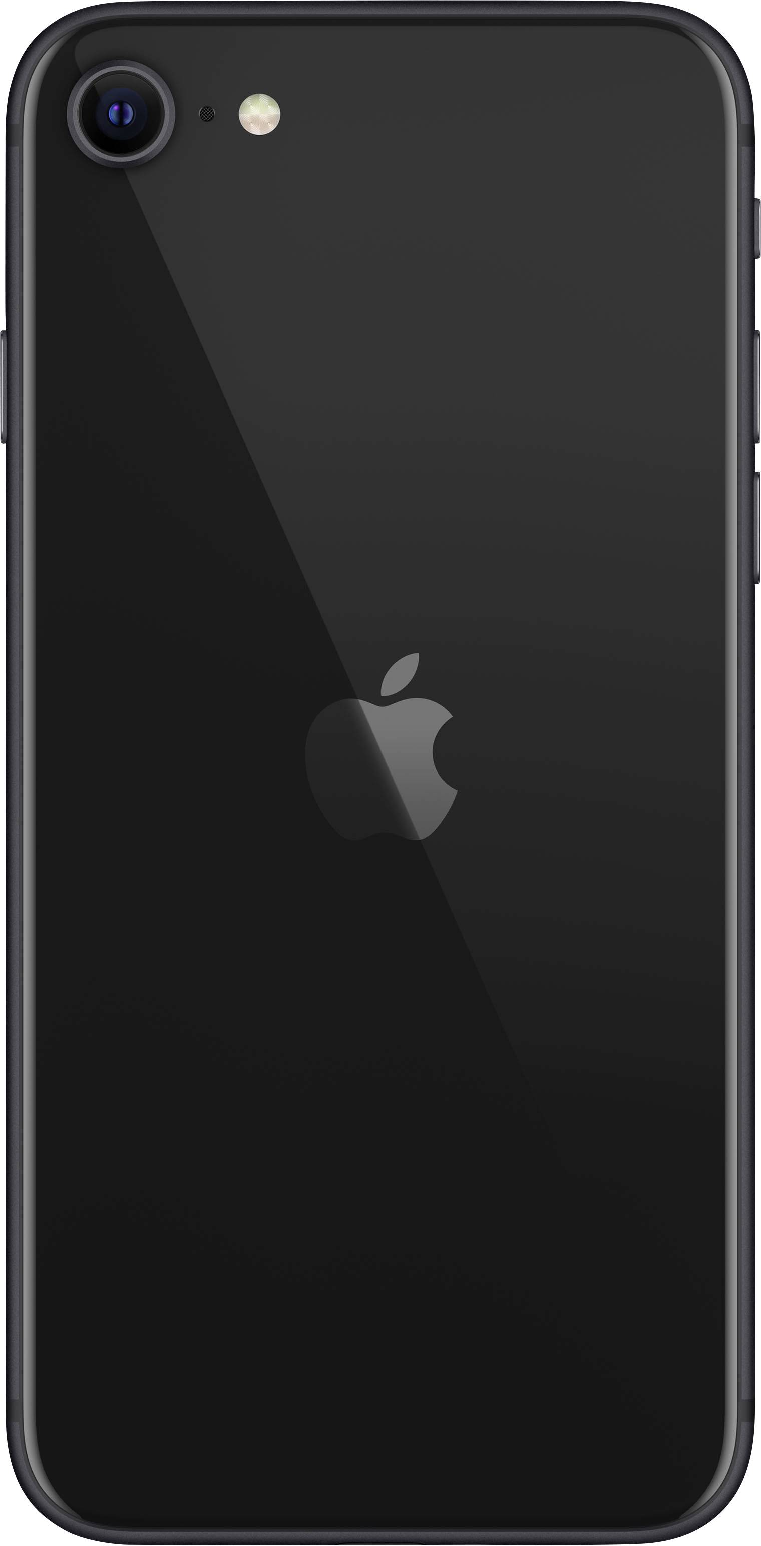 Ein schwarzes Smartphone von hinten mit dem Logo eines angebissenen Apfels in der Mitte. Im oberen Bereich befinden sich eine Kamera und ein Blitz.