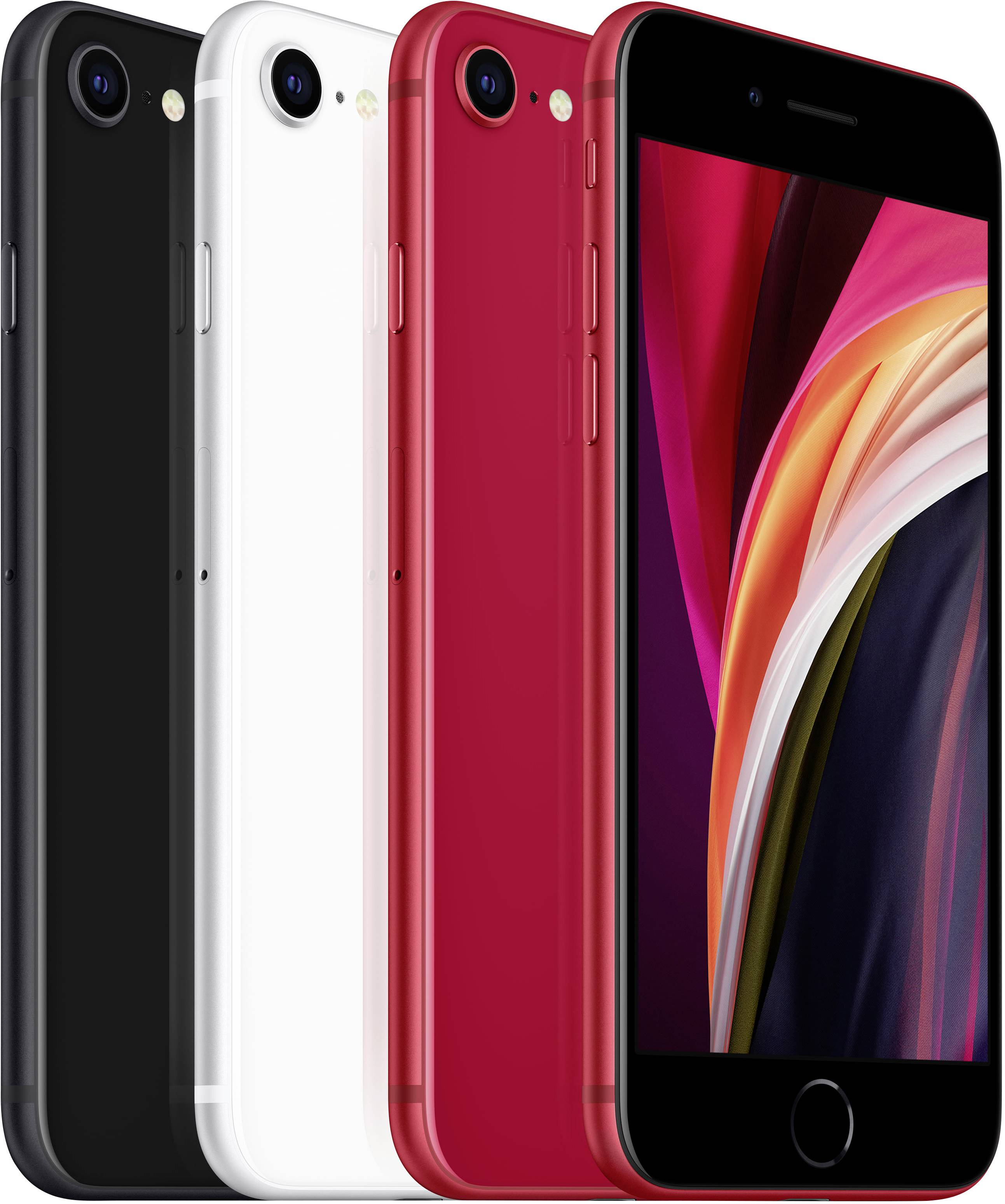 Drei Smartphones in Schwarz, Weiß und Rot stehen nebeneinander. Sie zeigen die Vorderseite mit Bildschirm und die Rückseite mit Kamera.