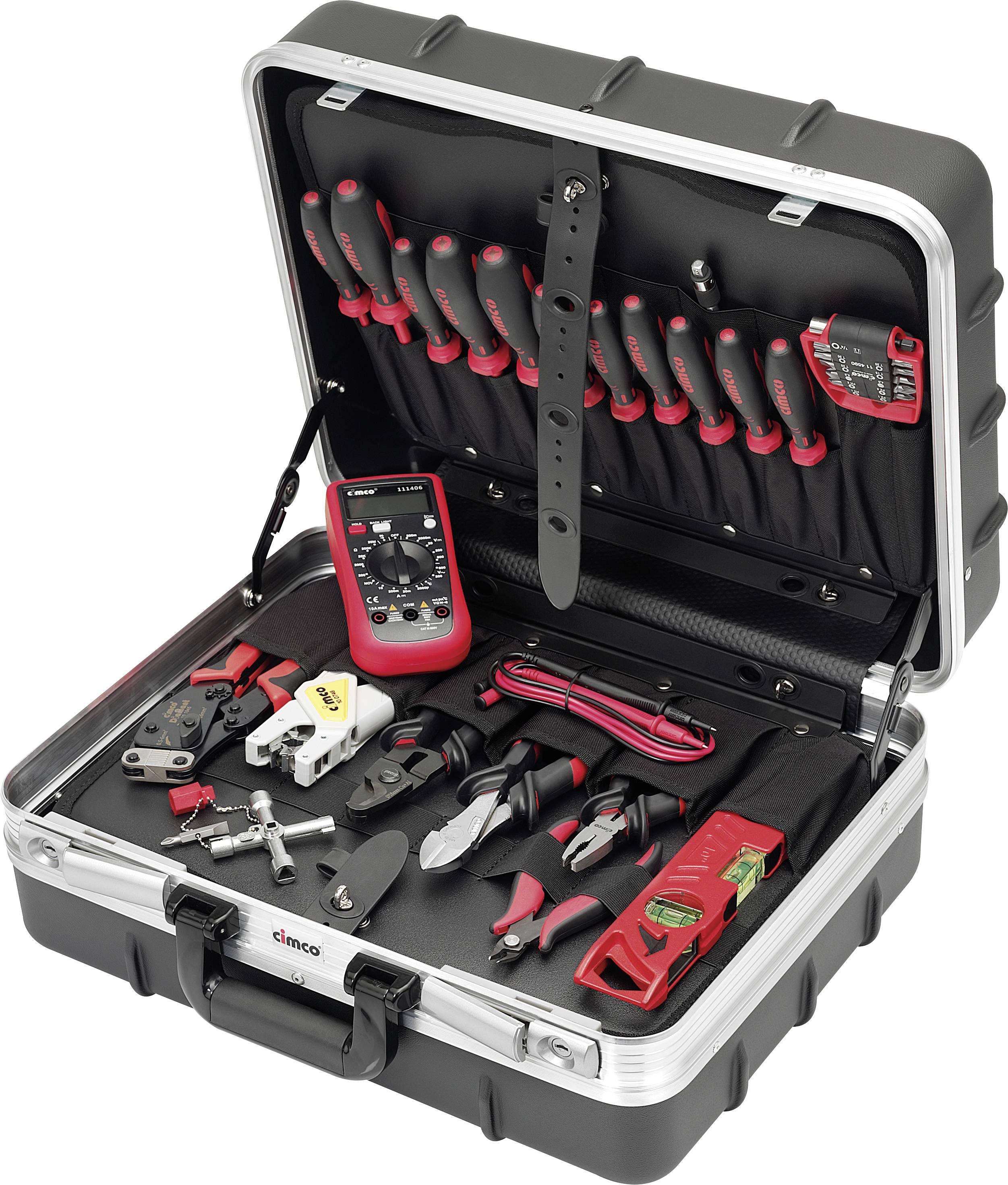 Ein offener Werkzeugkoffer mit verschiedenen Werkzeugen, darunter ein Multimeter, Schraubendreher, Zangen und Kabelschneider.