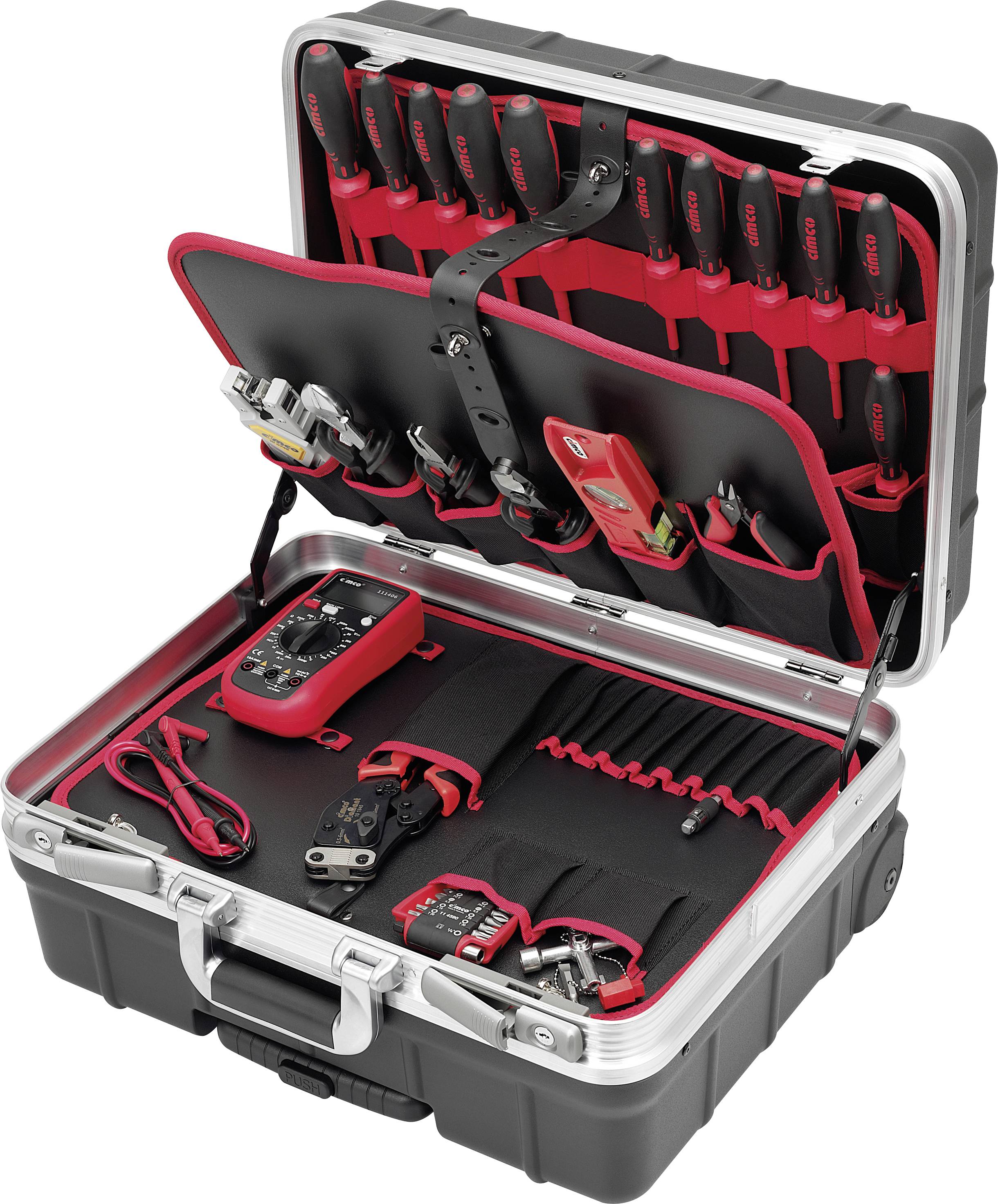 Schwarz-roter Werkzeugkoffer geöffnet mit sortierten Schraubendrehern, einem Multimeter und Zangen, bereit für den Einsatz.