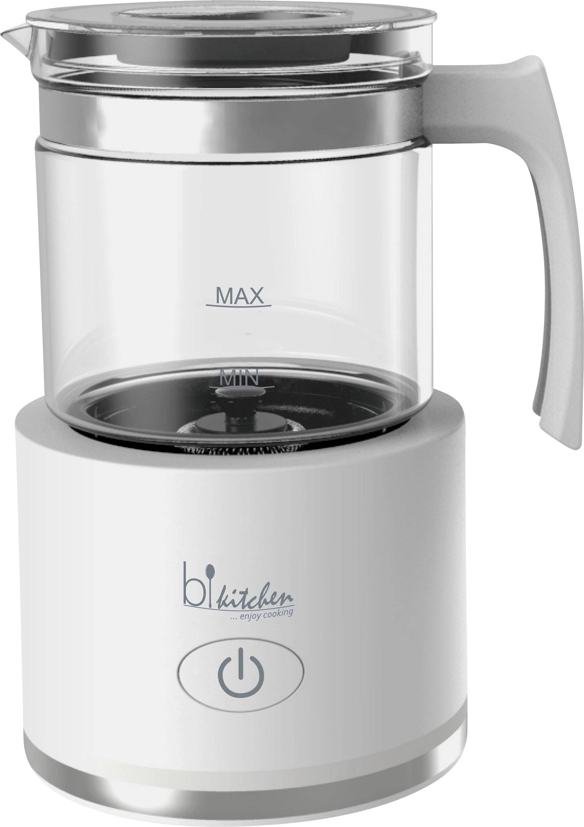 Ein elektrischer Wasserkocher aus Glas mit grauem Griff, Max- und Min-Anzeige, steht auf einer weißen Basis mit Ein-/Aus-Taste.