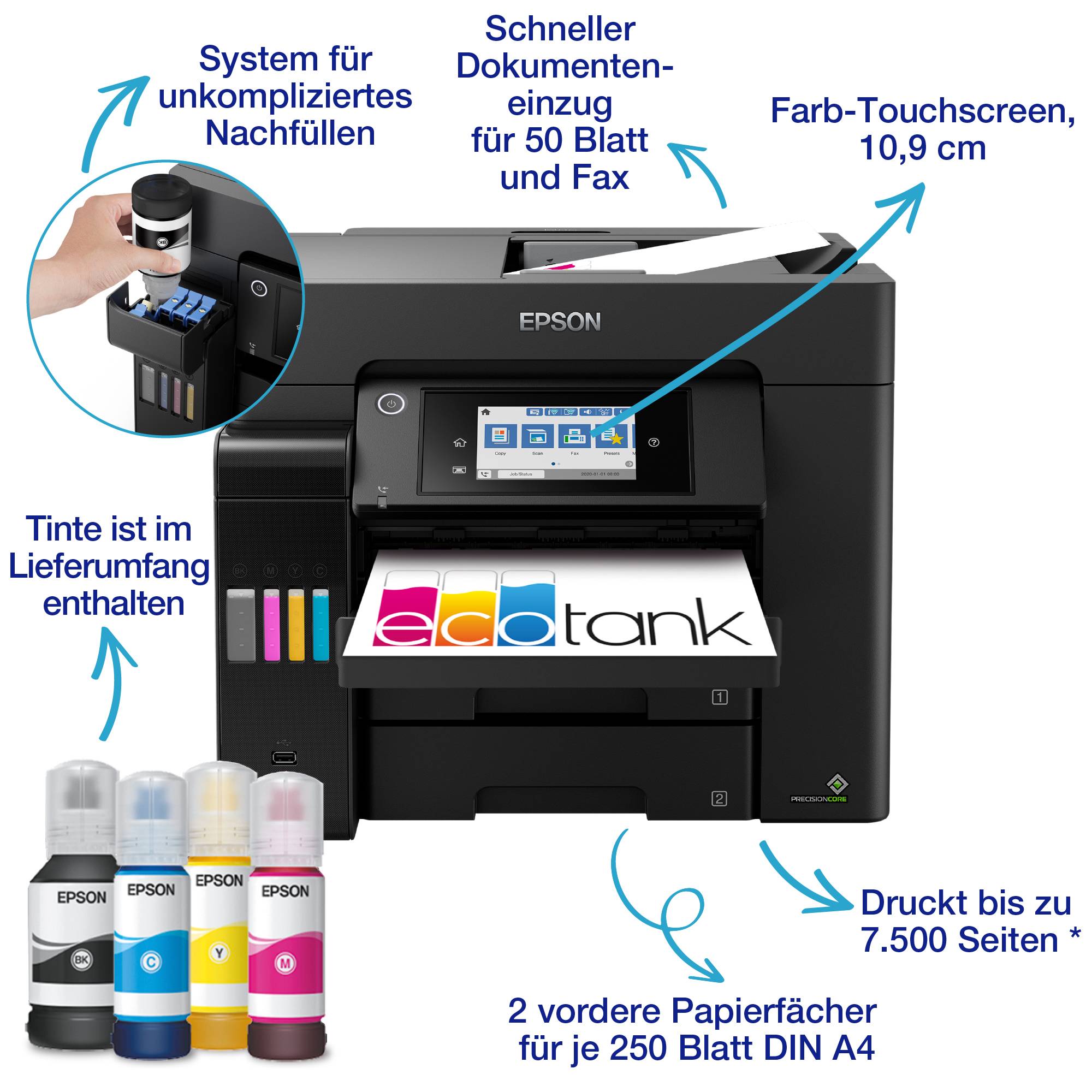 Epson EcoTank ET-5850 Multifunktionsdrucker Tintenstrahl Farbe A4 Drucker, Scanner, Kopierer ADF, Duplex, LAN, Tintentank-System, USB, WLAN