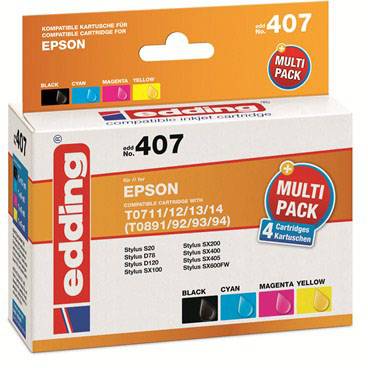 Edding Druckerpatrone ersetzt Epson T0715, T0711, T0712, T0713, T0714 Kompatibel Kombi-Pack Schwarz, Cyan, Magenta, Gelb EDD-407 18-407