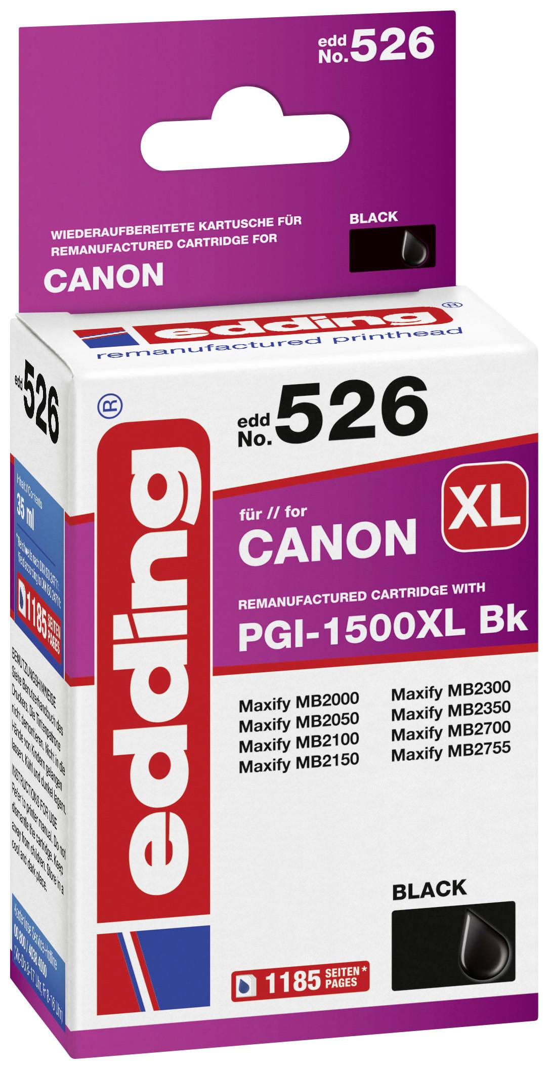 Edding Druckerpatrone ersetzt Canon PGI-1500BK XL Kompatibel Schwarz EDD-526 18-526