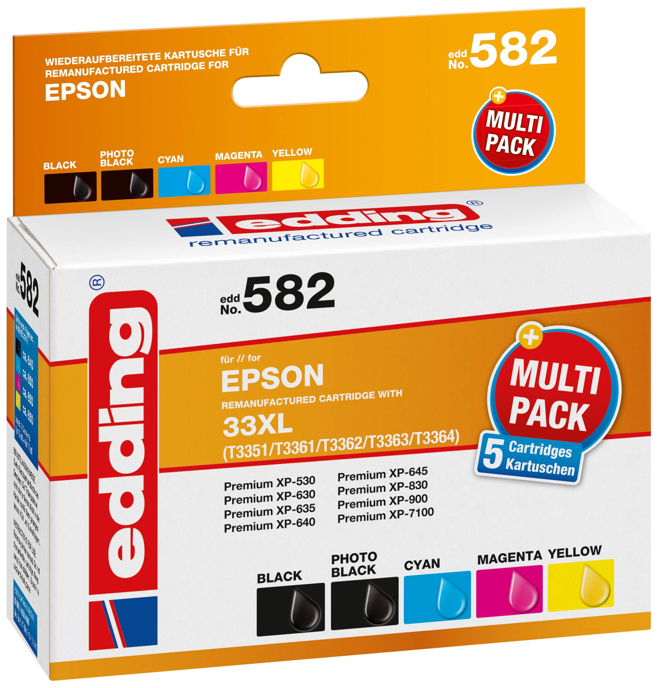 Mehrfarbige Edding-Druckerpatronenverpackung für Epson-Drucker, 5 Patronen. Kompatibel mit Epson XP-530, XP-630, XP-830.