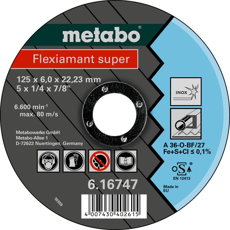 Kreisförmige Schleifscheibe Metabo Flexiamant super mit Etikett, Größe 125 x 6,0 x 22,23 mm, max. 6.600 U/min, Verwendung für INOX, und Barcode.