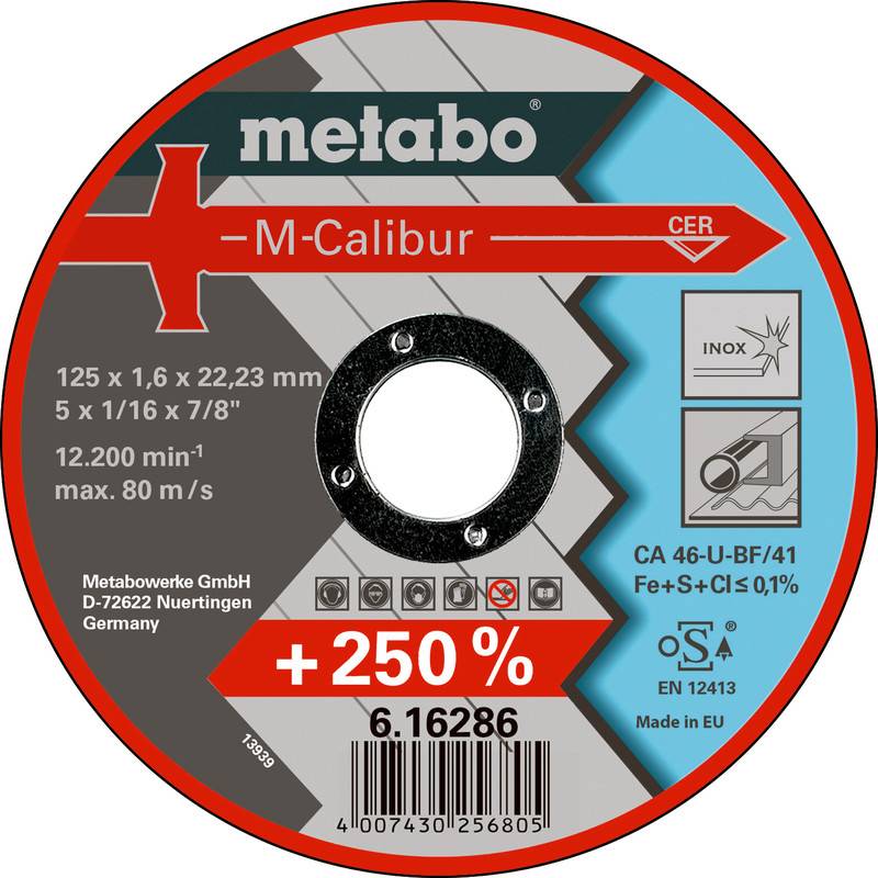 Metabo M-Calibur Trennscheibe Paketbezeichnung mit Produktgröße, Drehzahlbewertung, INOX-Verwendungssymbolen und Strichcode.